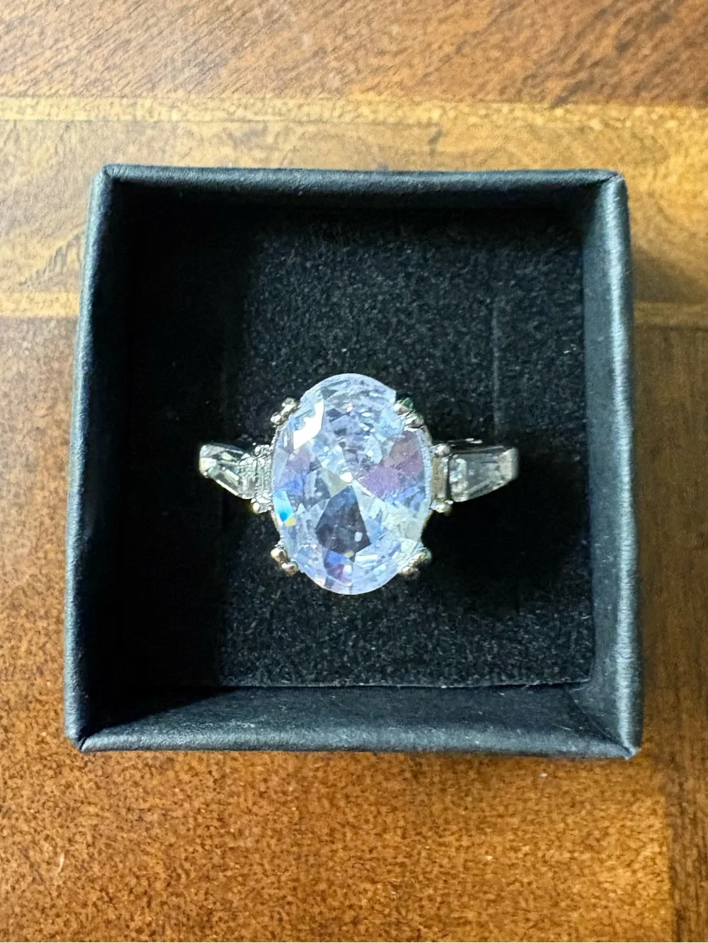 Classic Oval Simulated Diamond Three Stone Ring in White Gold Colored Metal